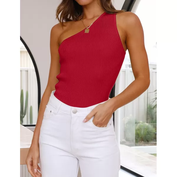 imageZESICA Womens One Shoulder Tank Summer Sleeveless T Shirt Ribbed Knit Slim Fit Sexy Casual Basic Tee TopsRed