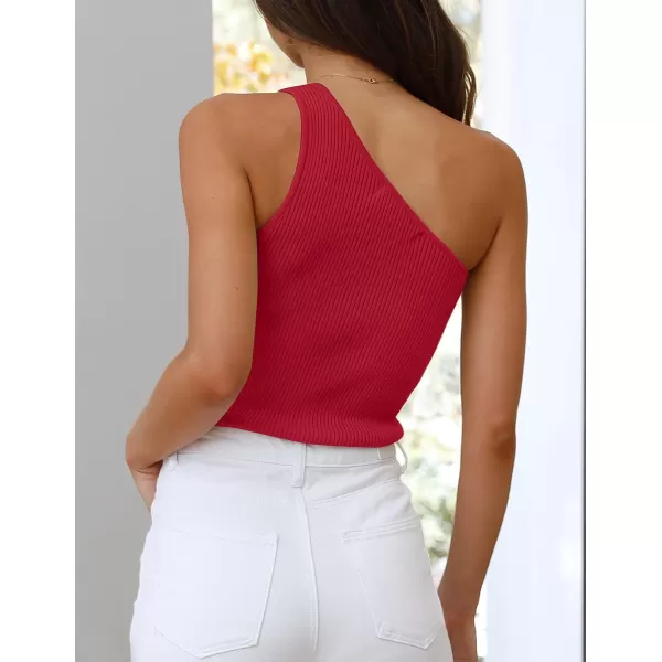 imageZESICA Womens One Shoulder Tank Summer Sleeveless T Shirt Ribbed Knit Slim Fit Sexy Casual Basic Tee TopsRed