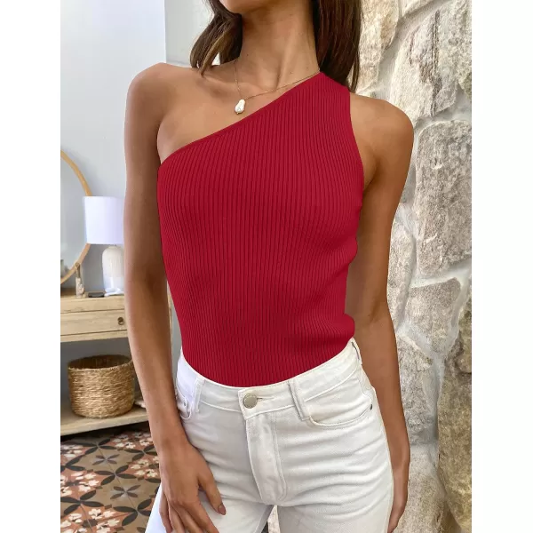 imageZESICA Womens One Shoulder Tank Summer Sleeveless T Shirt Ribbed Knit Slim Fit Sexy Casual Basic Tee TopsRed
