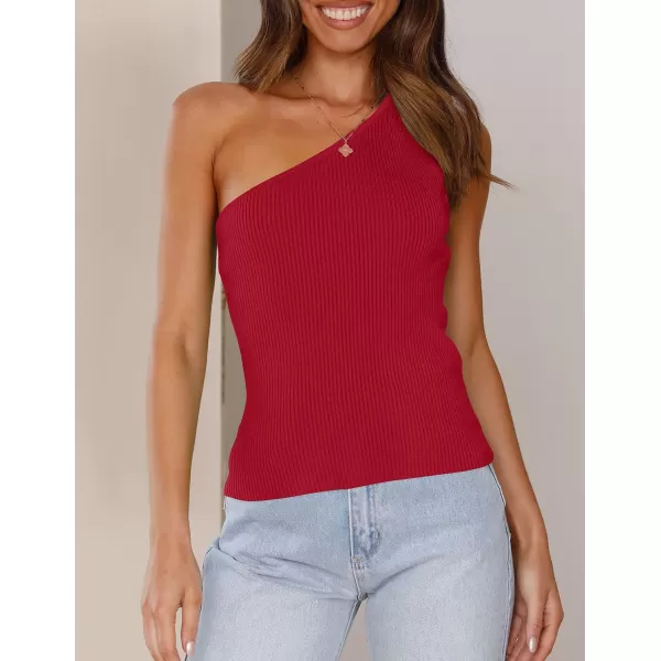 imageZESICA Womens One Shoulder Tank Summer Sleeveless T Shirt Ribbed Knit Slim Fit Sexy Casual Basic Tee TopsRed