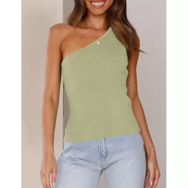 imageZESICA Womens One Shoulder Tank Summer Sleeveless T Shirt Ribbed Knit Slim Fit Sexy Casual Basic Tee TopsSage