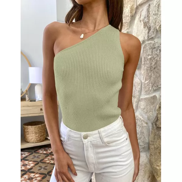 imageZESICA Womens One Shoulder Tank Summer Sleeveless T Shirt Ribbed Knit Slim Fit Sexy Casual Basic Tee TopsSage
