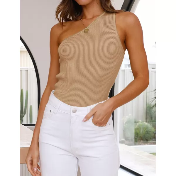 imageZESICA Womens One Shoulder Tank Summer Sleeveless T Shirt Ribbed Knit Slim Fit Sexy Casual Basic Tee TopsToffee