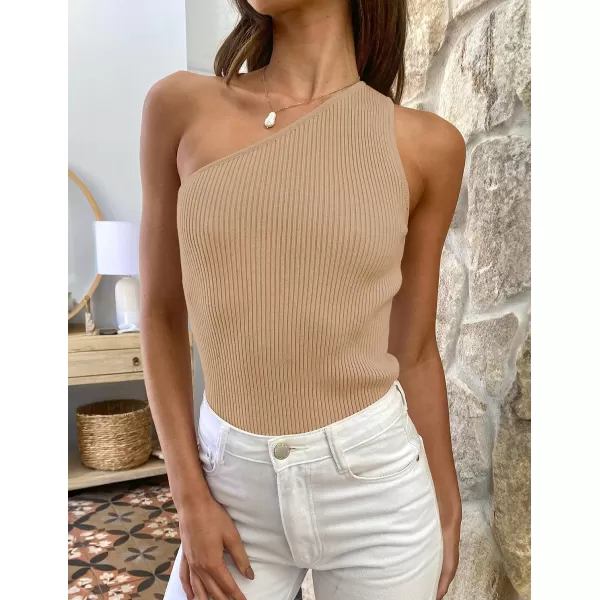 imageZESICA Womens One Shoulder Tank Summer Sleeveless T Shirt Ribbed Knit Slim Fit Sexy Casual Basic Tee TopsToffee