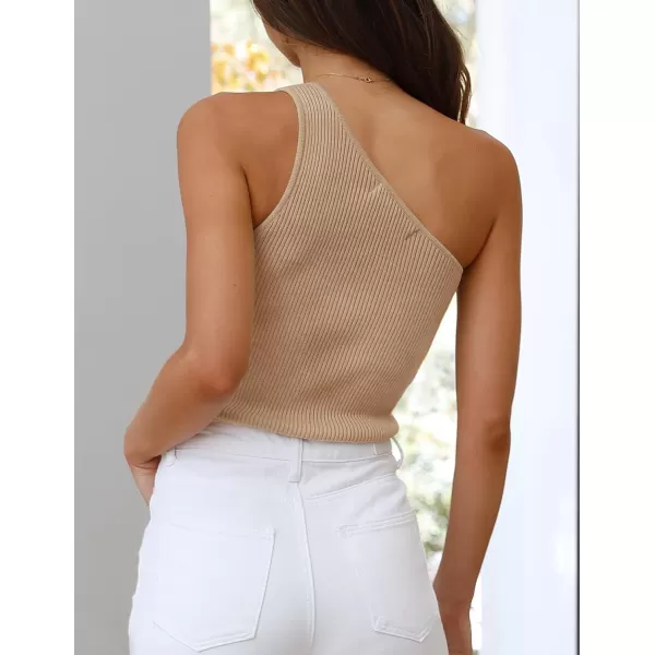 imageZESICA Womens One Shoulder Tank Summer Sleeveless T Shirt Ribbed Knit Slim Fit Sexy Casual Basic Tee TopsToffee