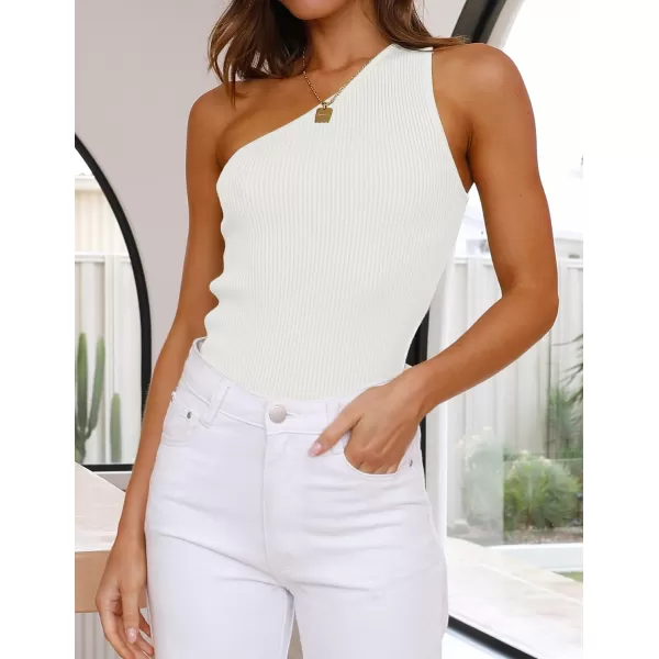 imageZESICA Womens One Shoulder Tank Summer Sleeveless T Shirt Ribbed Knit Slim Fit Sexy Casual Basic Tee TopsWhite