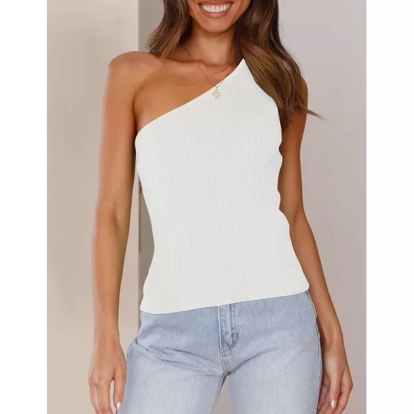 imageZESICA Womens One Shoulder Tank Summer Sleeveless T Shirt Ribbed Knit Slim Fit Sexy Casual Basic Tee TopsWhite