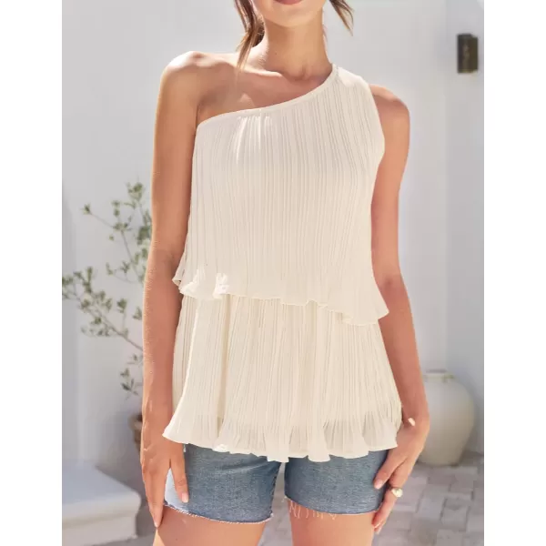 imageZESICA Womens One Shoulder Tank Tops 2024 Summer Sleeveless Ruffle Tiered Layered Chiffon Flowy Blouses ShirtsApricot