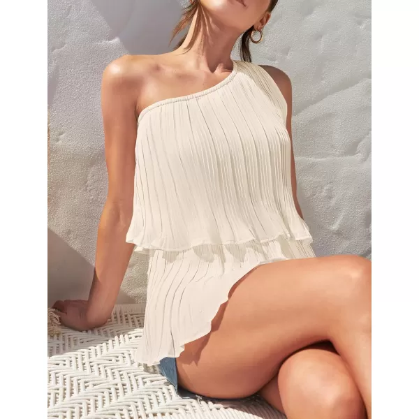 imageZESICA Womens One Shoulder Tank Tops 2024 Summer Sleeveless Ruffle Tiered Layered Chiffon Flowy Blouses ShirtsApricot