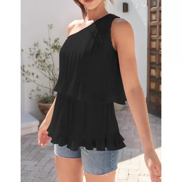 imageZESICA Womens One Shoulder Tank Tops 2024 Summer Sleeveless Ruffle Tiered Layered Chiffon Flowy Blouses ShirtsBlack