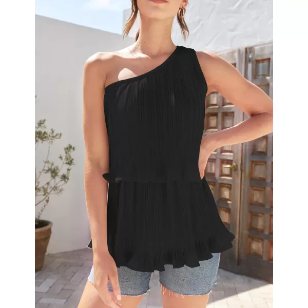 imageZESICA Womens One Shoulder Tank Tops 2024 Summer Sleeveless Ruffle Tiered Layered Chiffon Flowy Blouses ShirtsBlack