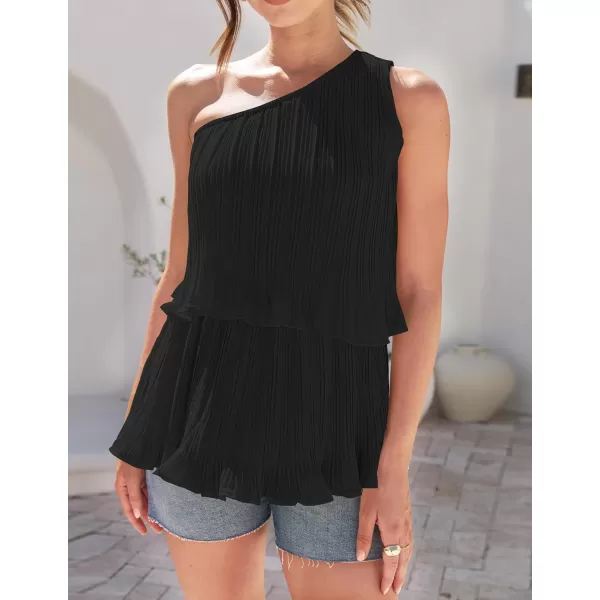 imageZESICA Womens One Shoulder Tank Tops 2024 Summer Sleeveless Ruffle Tiered Layered Chiffon Flowy Blouses ShirtsBlack