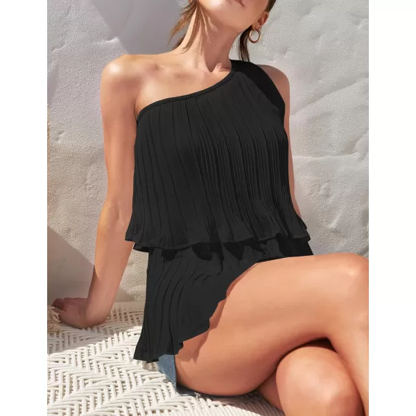 imageZESICA Womens One Shoulder Tank Tops 2024 Summer Sleeveless Ruffle Tiered Layered Chiffon Flowy Blouses ShirtsBlack