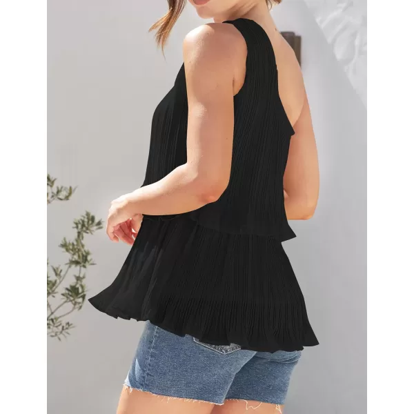 imageZESICA Womens One Shoulder Tank Tops 2024 Summer Sleeveless Ruffle Tiered Layered Chiffon Flowy Blouses ShirtsBlack