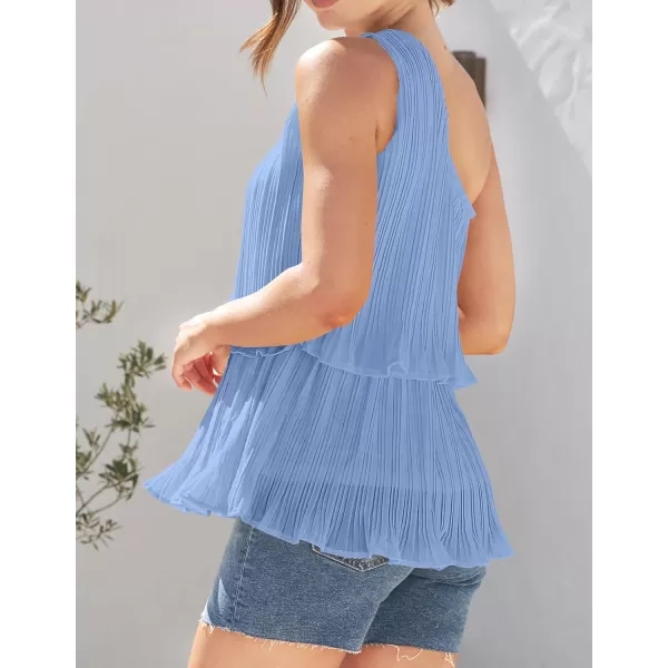 imageZESICA Womens One Shoulder Tank Tops 2024 Summer Sleeveless Ruffle Tiered Layered Chiffon Flowy Blouses ShirtsLightblue