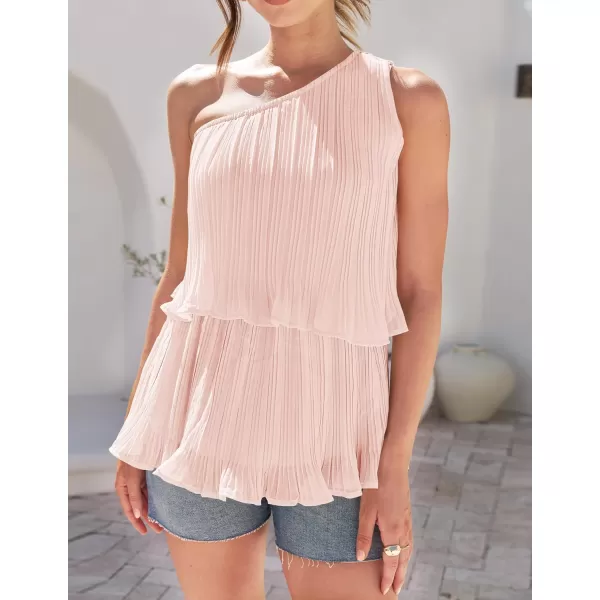 imageZESICA Womens One Shoulder Tank Tops 2024 Summer Sleeveless Ruffle Tiered Layered Chiffon Flowy Blouses ShirtsPink