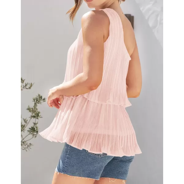 imageZESICA Womens One Shoulder Tank Tops 2024 Summer Sleeveless Ruffle Tiered Layered Chiffon Flowy Blouses ShirtsPink
