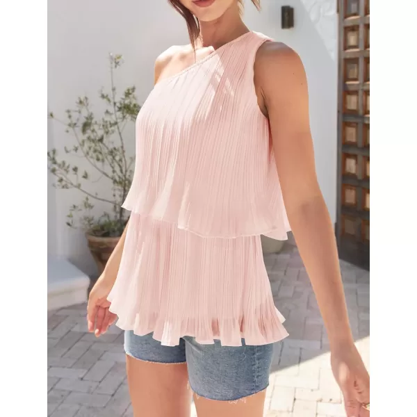 imageZESICA Womens One Shoulder Tank Tops 2024 Summer Sleeveless Ruffle Tiered Layered Chiffon Flowy Blouses ShirtsPink