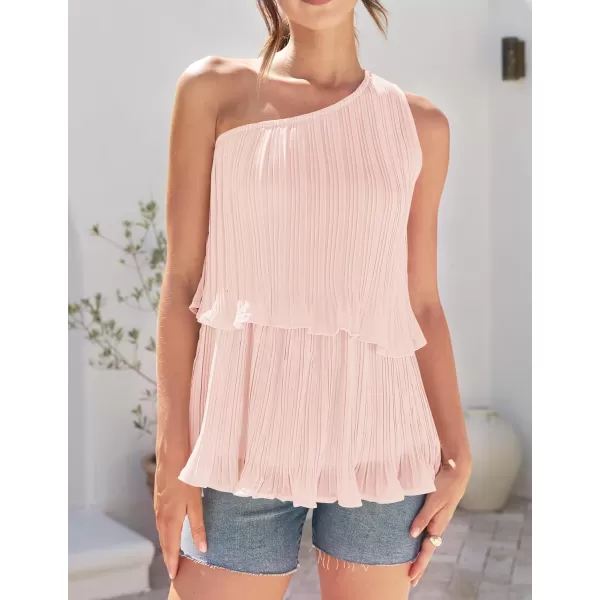 imageZESICA Womens One Shoulder Tank Tops 2024 Summer Sleeveless Ruffle Tiered Layered Chiffon Flowy Blouses ShirtsPink