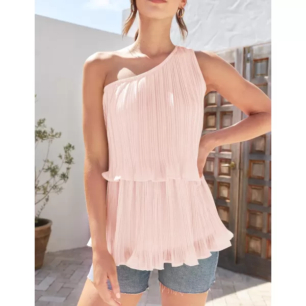 imageZESICA Womens One Shoulder Tank Tops 2024 Summer Sleeveless Ruffle Tiered Layered Chiffon Flowy Blouses ShirtsPink