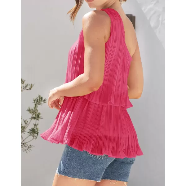 imageZESICA Womens One Shoulder Tank Tops 2024 Summer Sleeveless Ruffle Tiered Layered Chiffon Flowy Blouses ShirtsRose