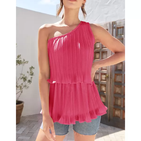 imageZESICA Womens One Shoulder Tank Tops 2024 Summer Sleeveless Ruffle Tiered Layered Chiffon Flowy Blouses ShirtsRose