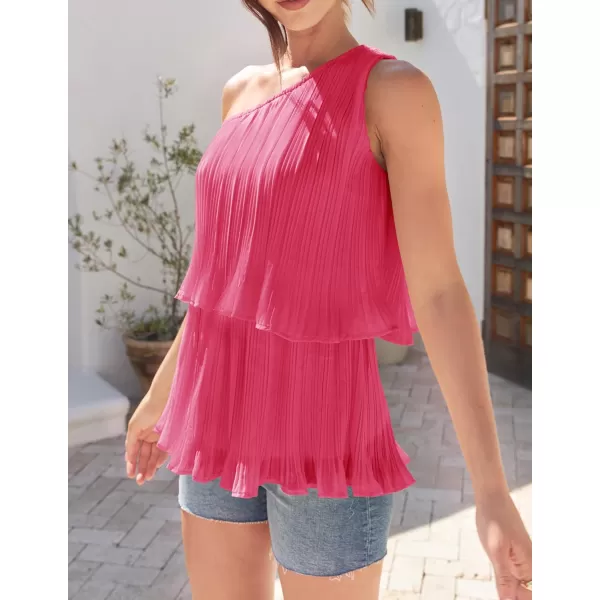 imageZESICA Womens One Shoulder Tank Tops 2024 Summer Sleeveless Ruffle Tiered Layered Chiffon Flowy Blouses ShirtsRose