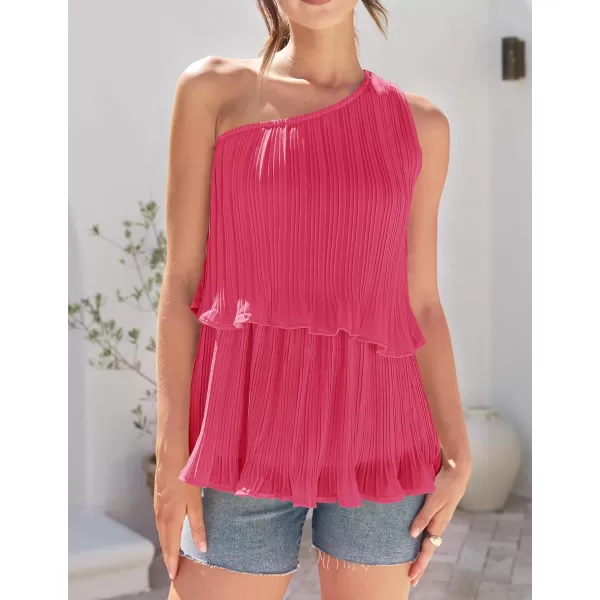 imageZESICA Womens One Shoulder Tank Tops 2024 Summer Sleeveless Ruffle Tiered Layered Chiffon Flowy Blouses ShirtsRose