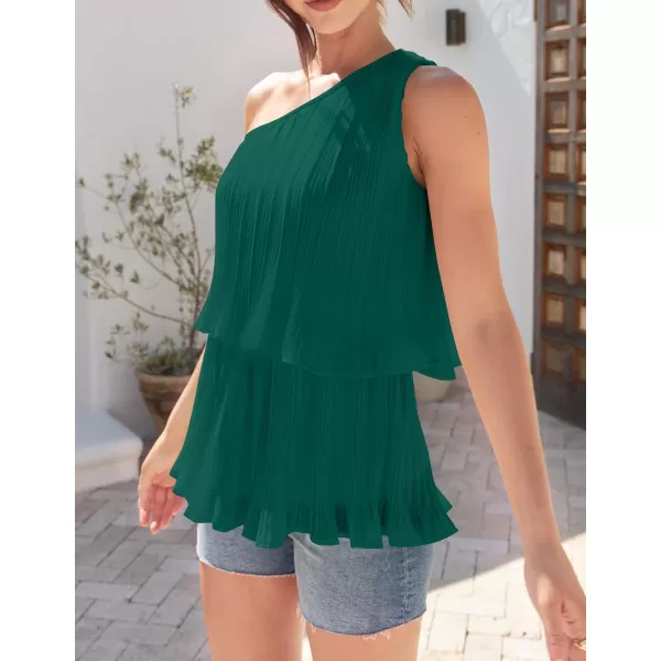 imageZESICA Womens One Shoulder Tank Tops 2024 Summer Sleeveless Ruffle Tiered Layered Chiffon Flowy Blouses ShirtsTealgreen
