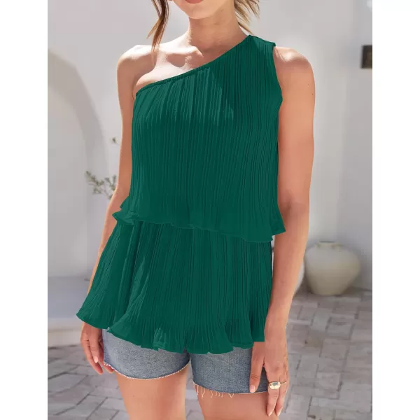 imageZESICA Womens One Shoulder Tank Tops 2024 Summer Sleeveless Ruffle Tiered Layered Chiffon Flowy Blouses ShirtsTealgreen