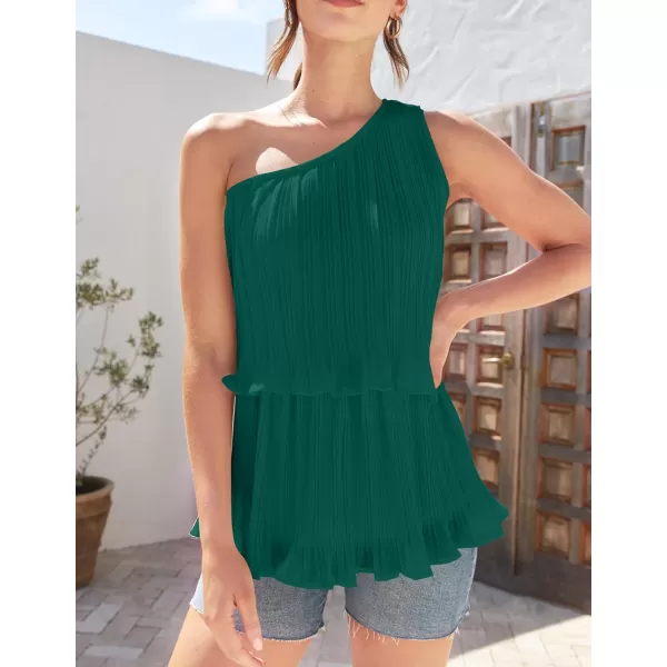 imageZESICA Womens One Shoulder Tank Tops 2024 Summer Sleeveless Ruffle Tiered Layered Chiffon Flowy Blouses ShirtsTealgreen