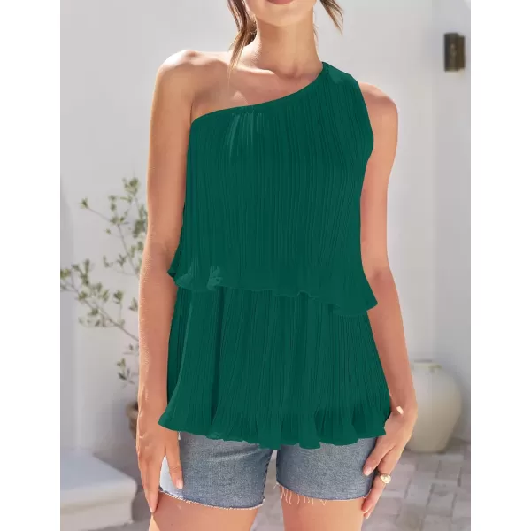 imageZESICA Womens One Shoulder Tank Tops 2024 Summer Sleeveless Ruffle Tiered Layered Chiffon Flowy Blouses ShirtsTealgreen