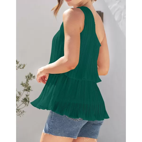 imageZESICA Womens One Shoulder Tank Tops 2024 Summer Sleeveless Ruffle Tiered Layered Chiffon Flowy Blouses ShirtsTealgreen