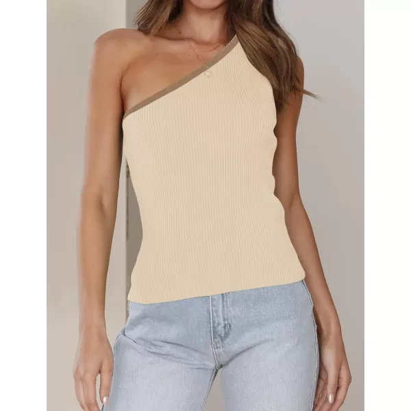 imageZESICA Womens One Shoulder Tank Tops Summer Sleeveless T Shirt Ribbed Knit Color Block Slim Fit Basic Tee TopsApricot