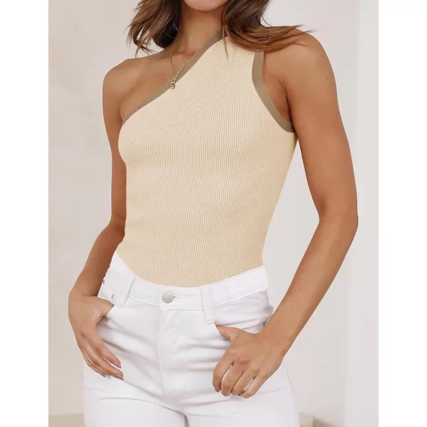 imageZESICA Womens One Shoulder Tank Tops Summer Sleeveless T Shirt Ribbed Knit Color Block Slim Fit Basic Tee TopsApricot