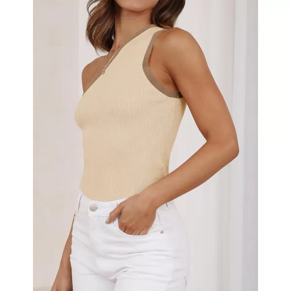 imageZESICA Womens One Shoulder Tank Tops Summer Sleeveless T Shirt Ribbed Knit Color Block Slim Fit Basic Tee TopsApricot