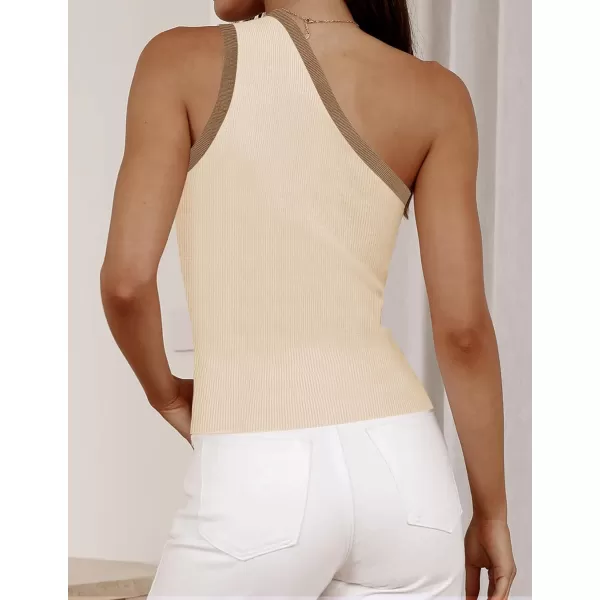 imageZESICA Womens One Shoulder Tank Tops Summer Sleeveless T Shirt Ribbed Knit Color Block Slim Fit Basic Tee TopsApricot