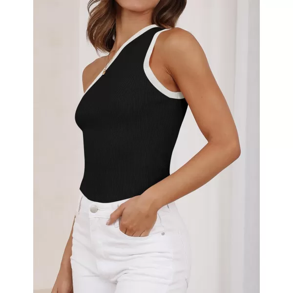 imageZESICA Womens One Shoulder Tank Tops Summer Sleeveless T Shirt Ribbed Knit Color Block Slim Fit Basic Tee TopsBlack