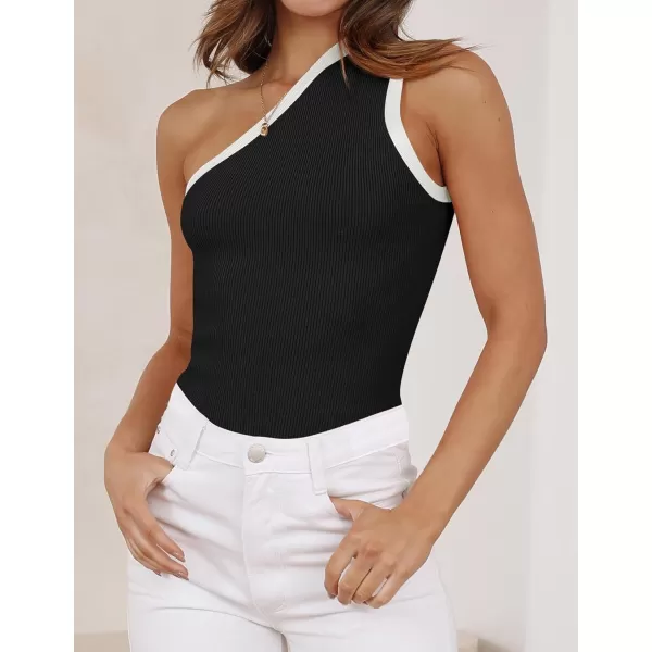 imageZESICA Womens One Shoulder Tank Tops Summer Sleeveless T Shirt Ribbed Knit Color Block Slim Fit Basic Tee TopsBlack