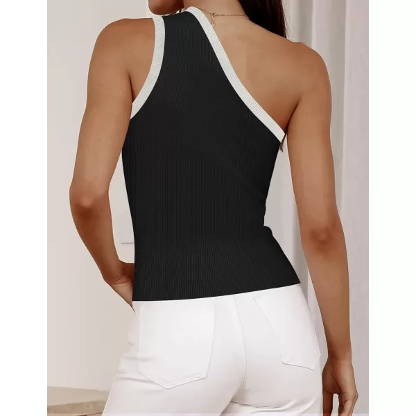 imageZESICA Womens One Shoulder Tank Tops Summer Sleeveless T Shirt Ribbed Knit Color Block Slim Fit Basic Tee TopsBlack