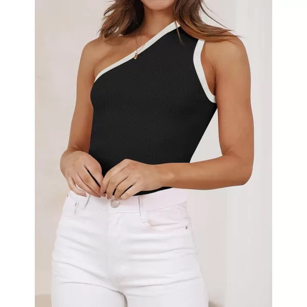 imageZESICA Womens One Shoulder Tank Tops Summer Sleeveless T Shirt Ribbed Knit Color Block Slim Fit Basic Tee TopsBlack