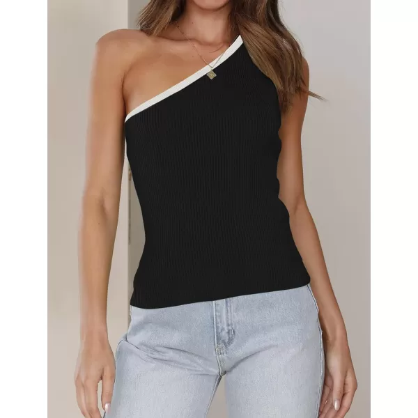 imageZESICA Womens One Shoulder Tank Tops Summer Sleeveless T Shirt Ribbed Knit Color Block Slim Fit Basic Tee TopsBlack