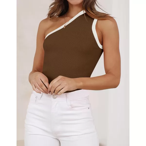 imageZESICA Womens One Shoulder Tank Tops Summer Sleeveless T Shirt Ribbed Knit Color Block Slim Fit Basic Tee TopsBrown
