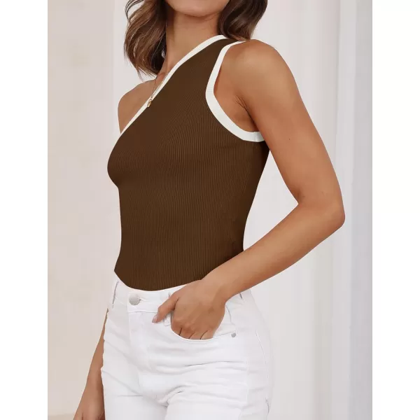 imageZESICA Womens One Shoulder Tank Tops Summer Sleeveless T Shirt Ribbed Knit Color Block Slim Fit Basic Tee TopsBrown
