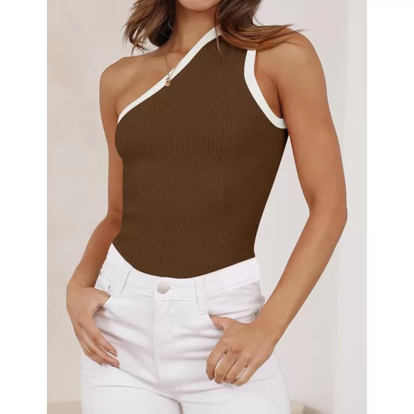 imageZESICA Womens One Shoulder Tank Tops Summer Sleeveless T Shirt Ribbed Knit Color Block Slim Fit Basic Tee TopsBrown