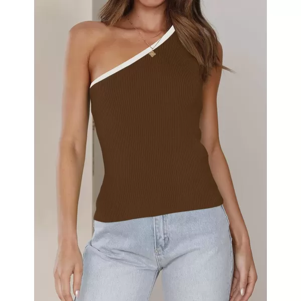 imageZESICA Womens One Shoulder Tank Tops Summer Sleeveless T Shirt Ribbed Knit Color Block Slim Fit Basic Tee TopsBrown