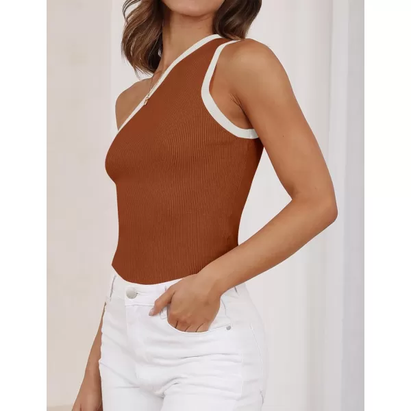 imageZESICA Womens One Shoulder Tank Tops Summer Sleeveless T Shirt Ribbed Knit Color Block Slim Fit Basic Tee TopsCaramel