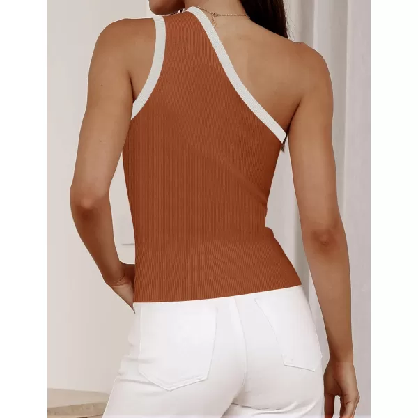 imageZESICA Womens One Shoulder Tank Tops Summer Sleeveless T Shirt Ribbed Knit Color Block Slim Fit Basic Tee TopsCaramel