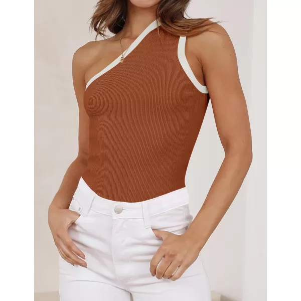 imageZESICA Womens One Shoulder Tank Tops Summer Sleeveless T Shirt Ribbed Knit Color Block Slim Fit Basic Tee TopsCaramel