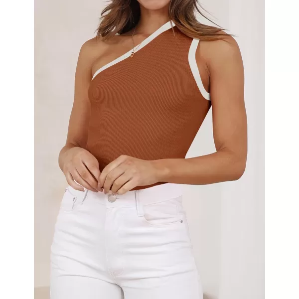 imageZESICA Womens One Shoulder Tank Tops Summer Sleeveless T Shirt Ribbed Knit Color Block Slim Fit Basic Tee TopsCaramel